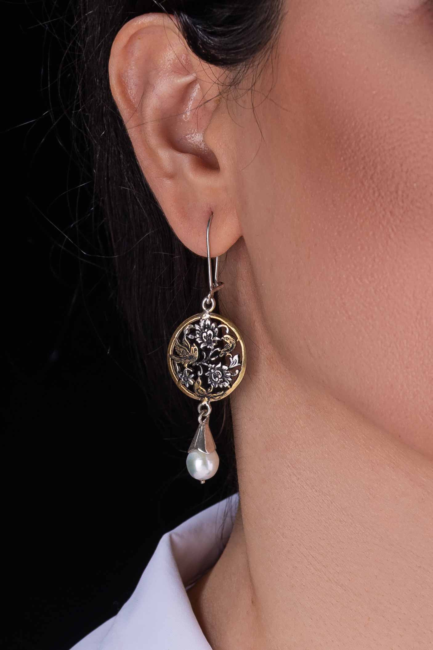 گوشواره سیمین مدل G17_ نقره با آبکاری طلا_ سنگ مروارید